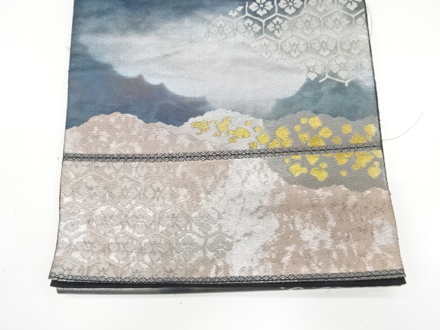  アンティーク　服部織物製　こはく錦　道長取りに花亀甲模様織り出し袋帯（材料）